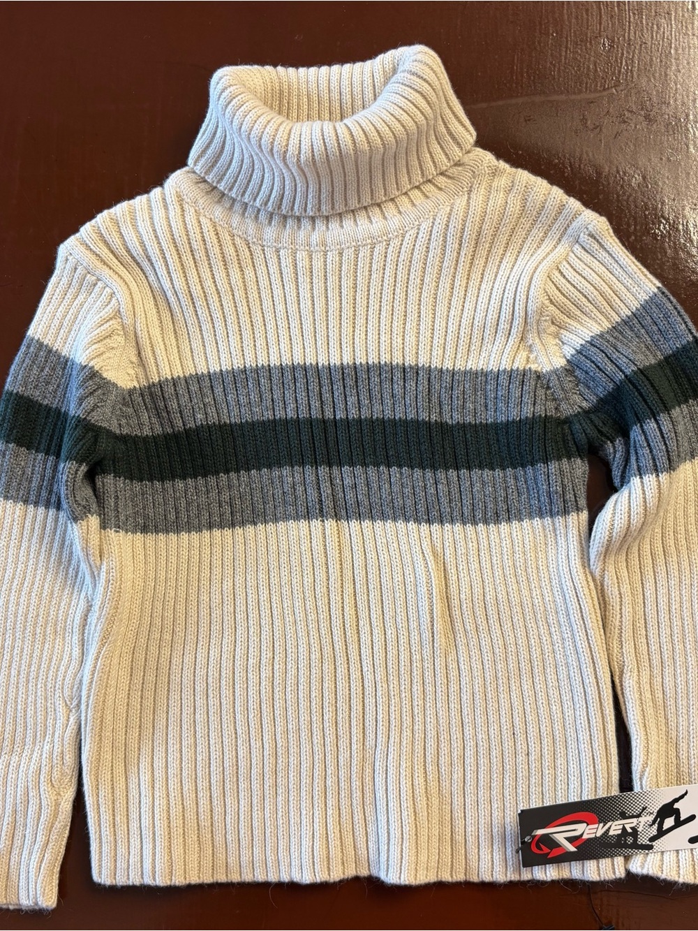 Kids Cream Ribbed Turtleneck Sweater with Gray & Dark Green Stripes